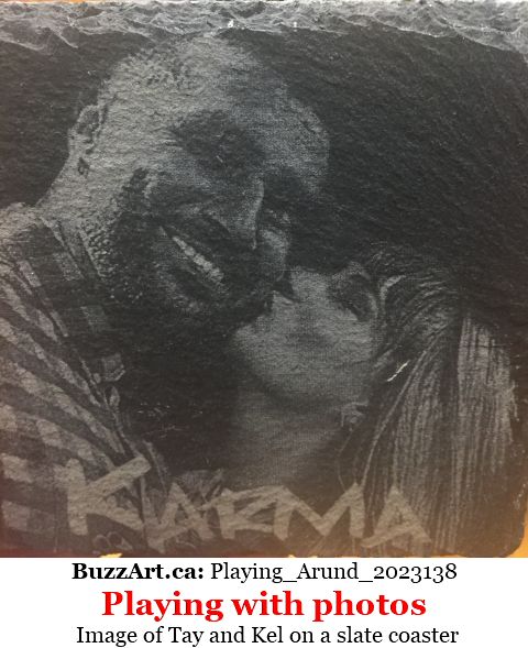 Image of Tay and Kel on a slate coaster